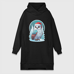 Женское худи-платье Полярная сова на фоне зимнего леса, цвет: черный