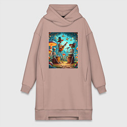 Женское худи-платье Трио скелетов музицируют на грибной поляне, цвет: пыльно-розовый