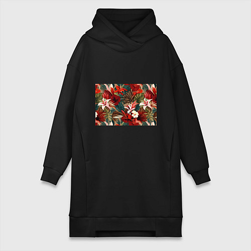 Женская толстовка-платье Яркие алые цветы / Черный – фото 1