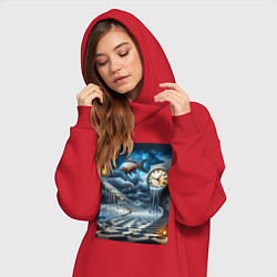 Женское худи-платье Психоделический пейзаж с часами и рыбой, цвет: красный — фото 2