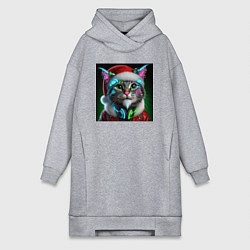 Женское худи-платье Новогодний кибер котик - нейроарт, цвет: меланж