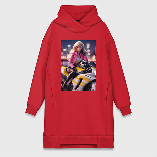 Женская толстовка-платье Barbie on a Kawasaki sports motorcycle / Красный – фото 1