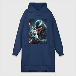 Женское худи-платье Venom and funny kitten with backpack, цвет: тёмно-синий