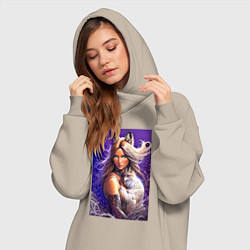 Женское худи-платье Девушка-лиса с лисёнком нейроарт, цвет: миндальный — фото 2