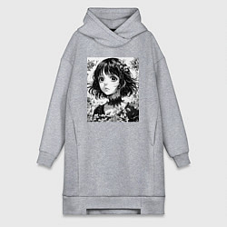 Женская толстовка-платье Аниме девушка портрет черно-белый