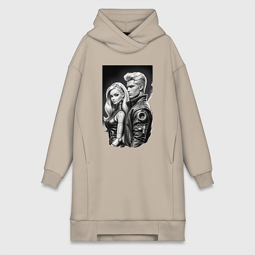 Женская толстовка-платье Барби и Кен - киберпанк эскиз / Миндальный – фото 1