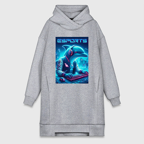 Женская толстовка-платье Дельфин крутой киберспортсмен - нейроарт / Меланж – фото 1