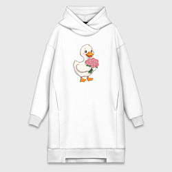 Женское худи-платье Милая уточка с букетом роз, цвет: белый