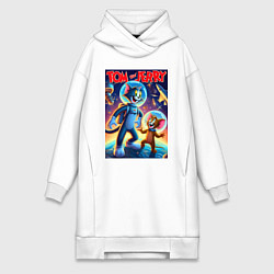 Женское худи-платье Том и Джерри - неоновый космос, цвет: белый