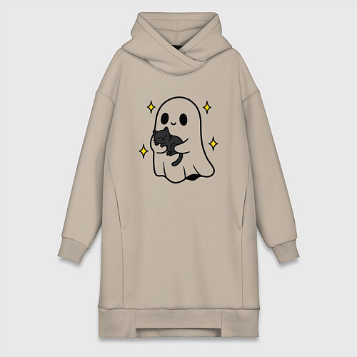 Женская толстовка-платье Призрак с котиком / Миндальный – фото 1