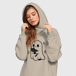 Женское худи-платье Призрак с котиком, цвет: миндальный — фото 2