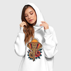 Женское худи-платье Слон на фоне солнца с розами в стиле тату, цвет: белый — фото 2