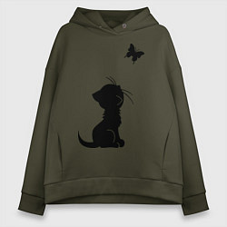 Толстовка оверсайз женская Котенок и бабочка, цвет: хаки