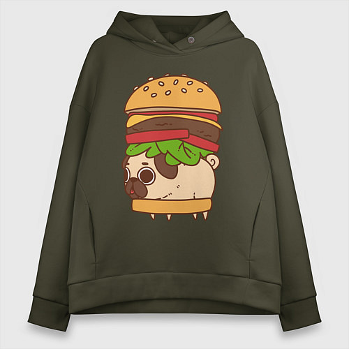 Женское худи оверсайз Мопс-бургер / Хаки – фото 1