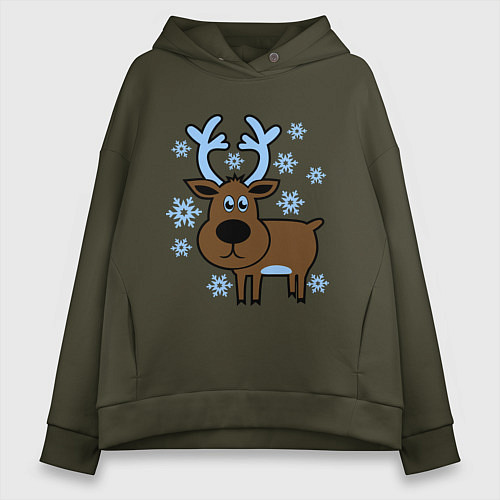 Женское худи оверсайз Олень и снежинки / Хаки – фото 1