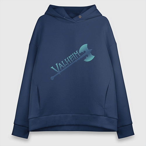 Женское худи оверсайз Valheim светлое лого с секирой / Тёмно-синий – фото 1