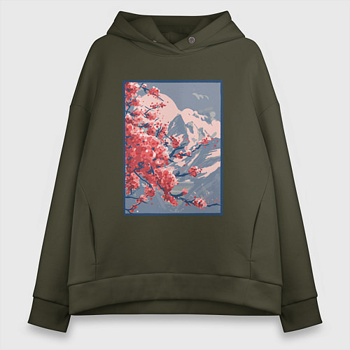 Женское худи оверсайз Цветение Сакуры на фоне Фудзи / Хаки – фото 1