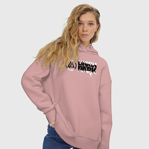 Женское худи оверсайз Линкин Парк Лого ЧБ Рок Linkin Park / Пыльно-розовый – фото 3
