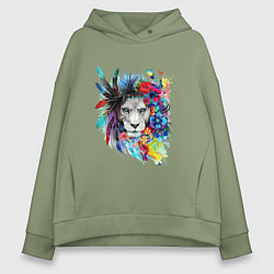 Толстовка оверсайз женская Лев в цветах и перьях, цвет: авокадо