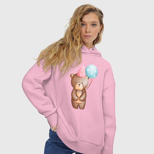 Женское худи оверсайз Медвежонок с шариками День Рождения / Светло-розовый – фото 3