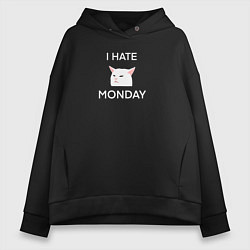 Толстовка оверсайз женская I hate monday текст с котом, цвет: черный