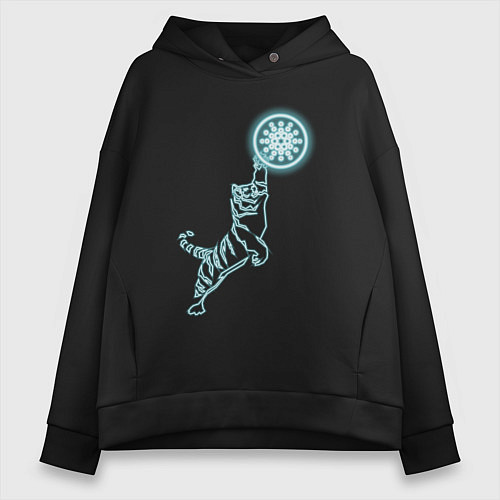 Женское худи оверсайз Ада Кардано с тигром в неоновом свечении / Черный – фото 1