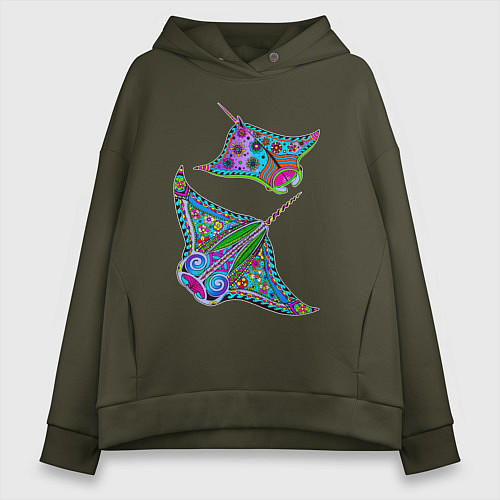 Женское худи оверсайз Скаты с психоделической раскраской / Хаки – фото 1
