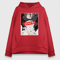 Толстовка оверсайз женская Девушка и надпись Senpai Ahegao, цвет: красный