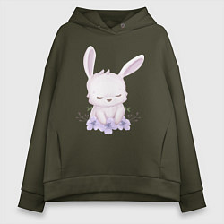 Толстовка оверсайз женская Милый Крольчонок С Цветочками, цвет: хаки