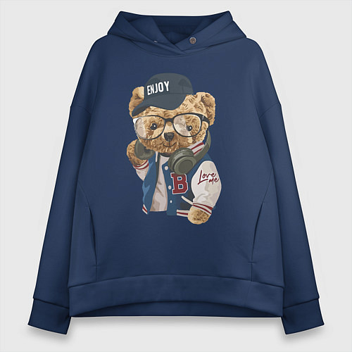Женское худи оверсайз Прикольный мишутка Enjoy / Тёмно-синий – фото 1