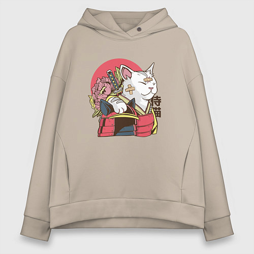 Женское худи оверсайз Котик Самурай Samurai Cat Japanese art / Миндальный – фото 1