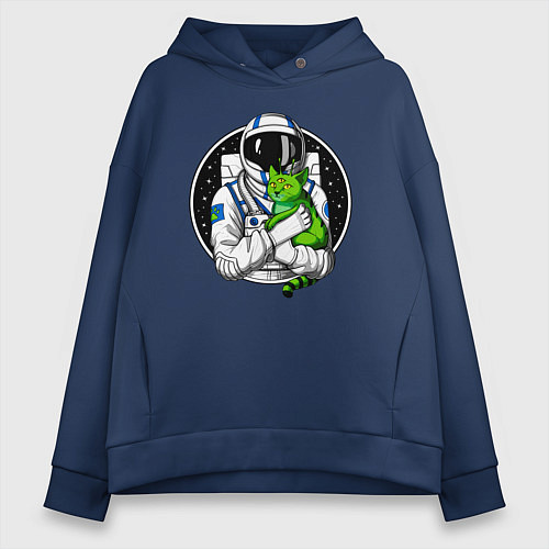 Женское худи оверсайз Космонавт с инопланетным котом / Тёмно-синий – фото 1