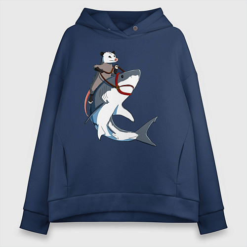 Женское худи оверсайз Опоссум верхом на акуле / Тёмно-синий – фото 1