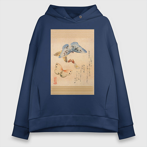 Женское худи оверсайз Японская гравюра Бабочки / Тёмно-синий – фото 1