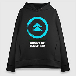 Толстовка оверсайз женская Символ Ghost of Tsushima в неоновых цветах, цвет: черный