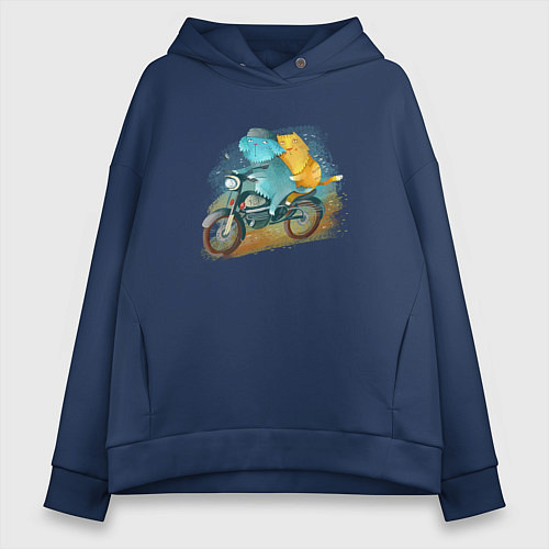 Женское худи оверсайз Кошки на мотоцикле / Тёмно-синий – фото 1