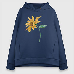 Толстовка оверсайз женская Branch With a Sunflower Подсолнух, цвет: тёмно-синий