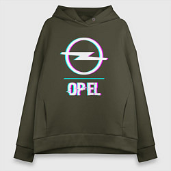 Толстовка оверсайз женская Значок Opel в стиле glitch, цвет: хаки