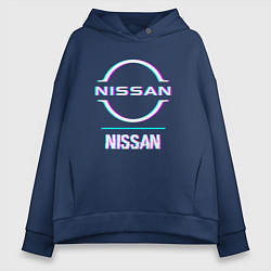 Толстовка оверсайз женская Значок Nissan в стиле glitch, цвет: тёмно-синий