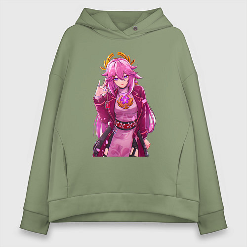 Женское худи оверсайз Яэ Мико на стиле - Геншин Импакт / Авокадо – фото 1