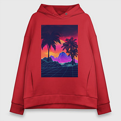 Толстовка оверсайз женская Синтвейв пляж и пальмы, цвет: красный