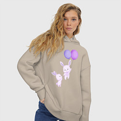 Толстовка оверсайз женская Милые крольчата с воздушными шарами, цвет: миндальный — фото 2