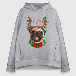 Толстовка оверсайз женская Новогодний мопс, цвет: меланж