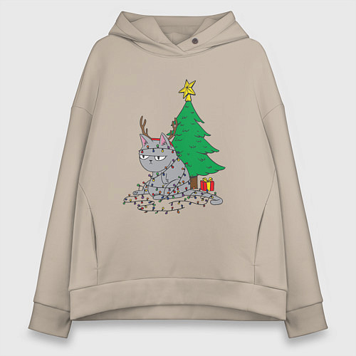 Женское худи оверсайз Запутавшийся кот / Миндальный – фото 1