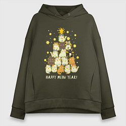 Толстовка оверсайз женская Елка из котиков С мяу годом, цвет: хаки