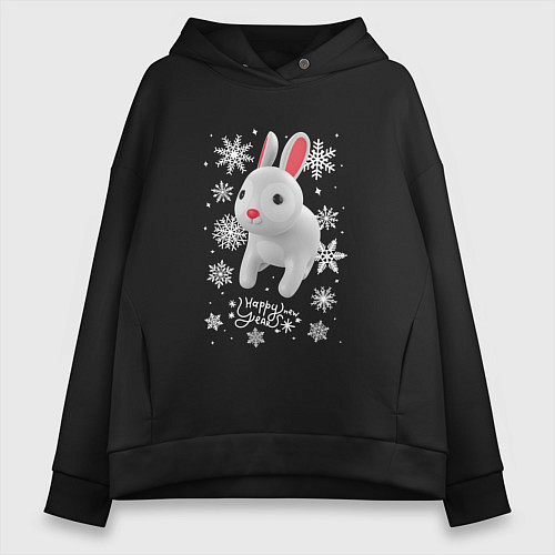 Женское худи оверсайз Серый кролик и снежинки / Черный – фото 1