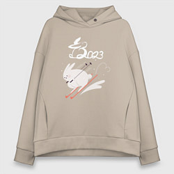 Толстовка оверсайз женская Зайка на лыжах, цвет: миндальный