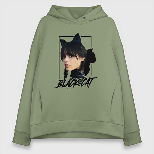 Женское худи оверсайз Wednesday Black cat / Авокадо – фото 1