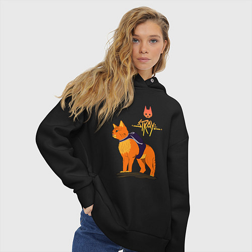Женское худи оверсайз Stray - cat logo / Черный – фото 3