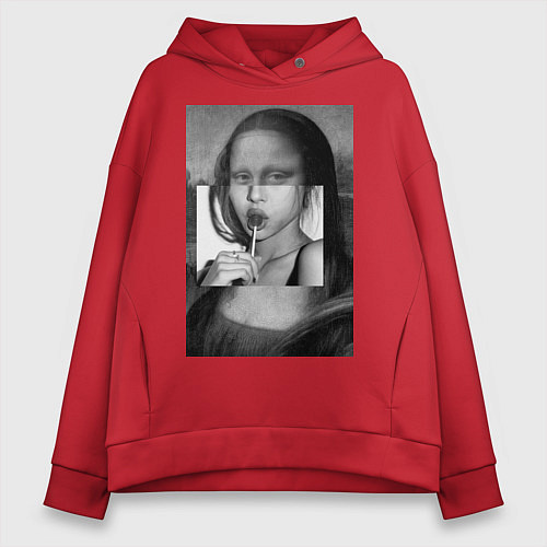 Женское худи оверсайз Мона Лиза с чупа чупсом - чёрно белая / Красный – фото 1